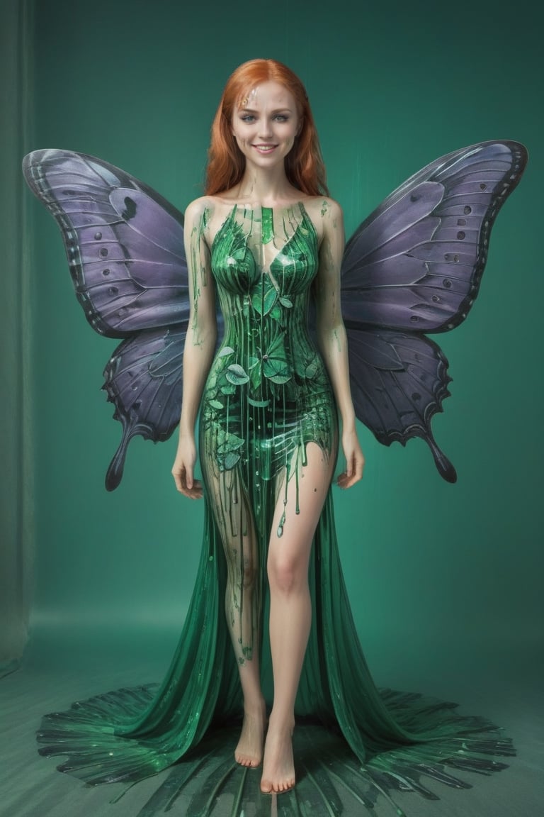 hands on hips, navel, chest hole, head dissolving, head dissolving into butterflies,, looking at viewer, smiling with teeth, standing at carnival, ferris wheel, copper hair, green dress, liquid dress, matrix code filled blue sky,vertical lines of green matrix code,liquid dress