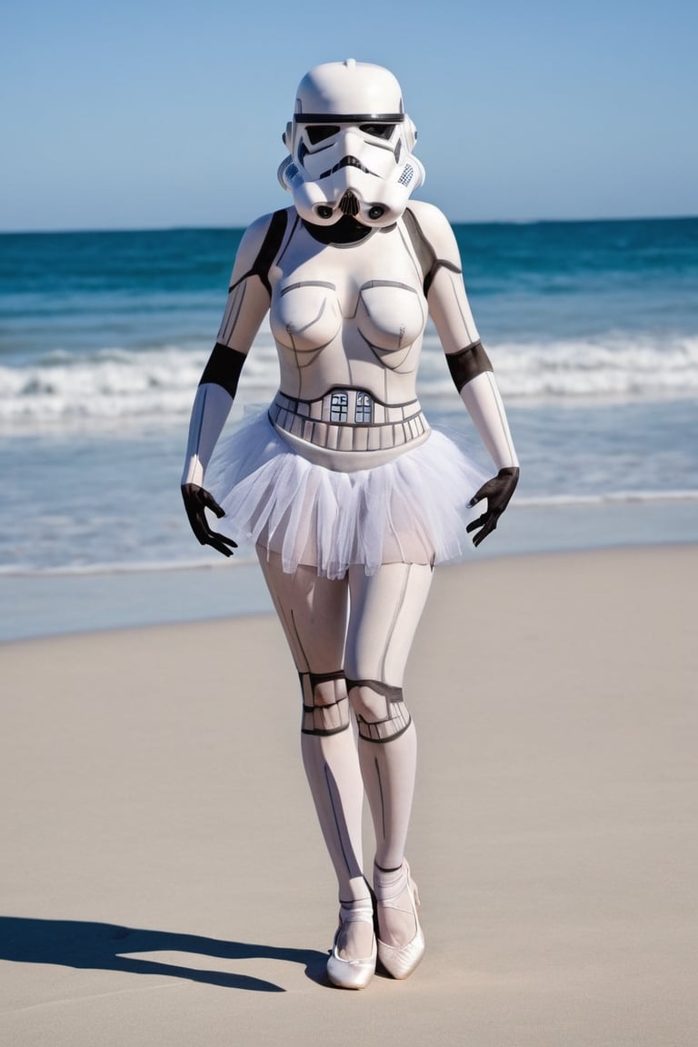 uniformsbodypaint, stormtrooper uniform, long sleeve white shirt, ballerinas tutu skirt, standing on beach, nipples, 