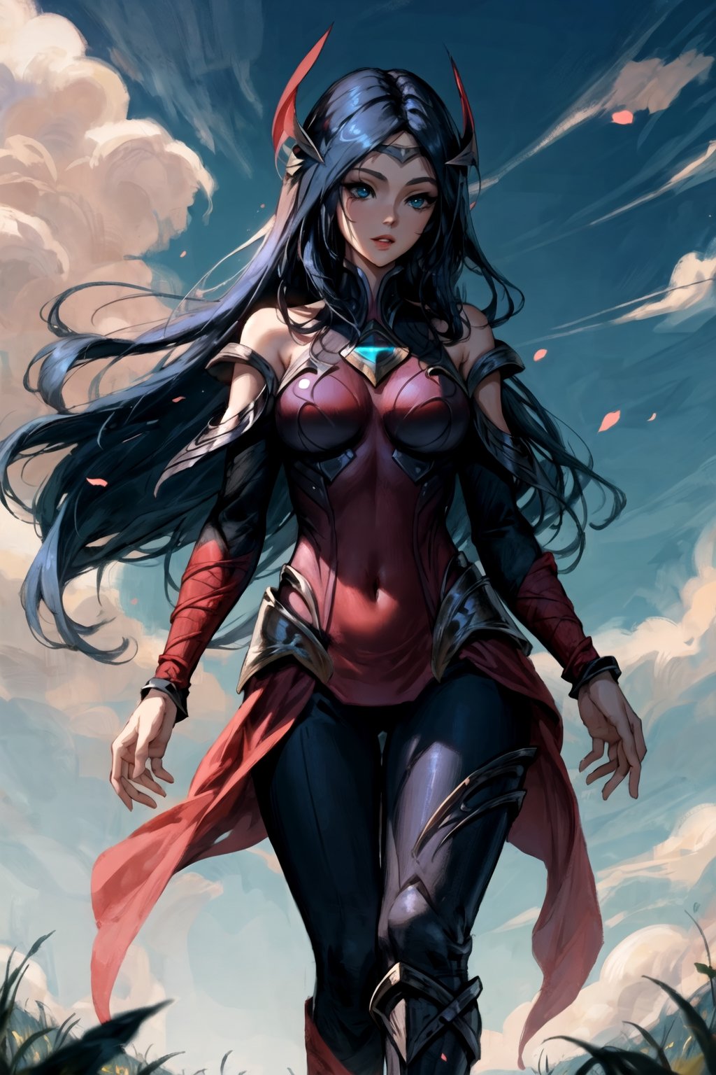 grass, field, sky, irelia, league of legends, (black legwear), highres, 1girl, armor, arm wrap, breasts, bangs, bare shoulders, blade, blue eyes, blue hair, covered navel, forehead protector, lips, long hair, medium breasts, off shoulder, parted bangs, parted lips, pelvic curtain, standing, solo 
,irelia