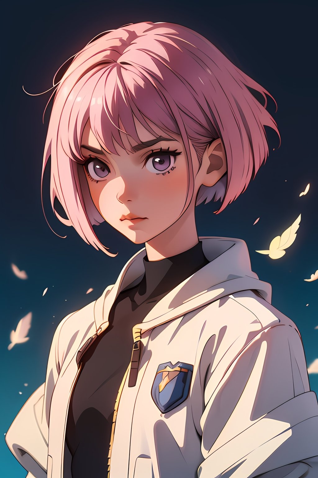 1 woman, 18 years, short hair, (((square haircut))), ((light mauve hair)), moon child, anime inspired style, ichigo with mauve hair color, masterpiece, best quality, highres,  a one-piece suit