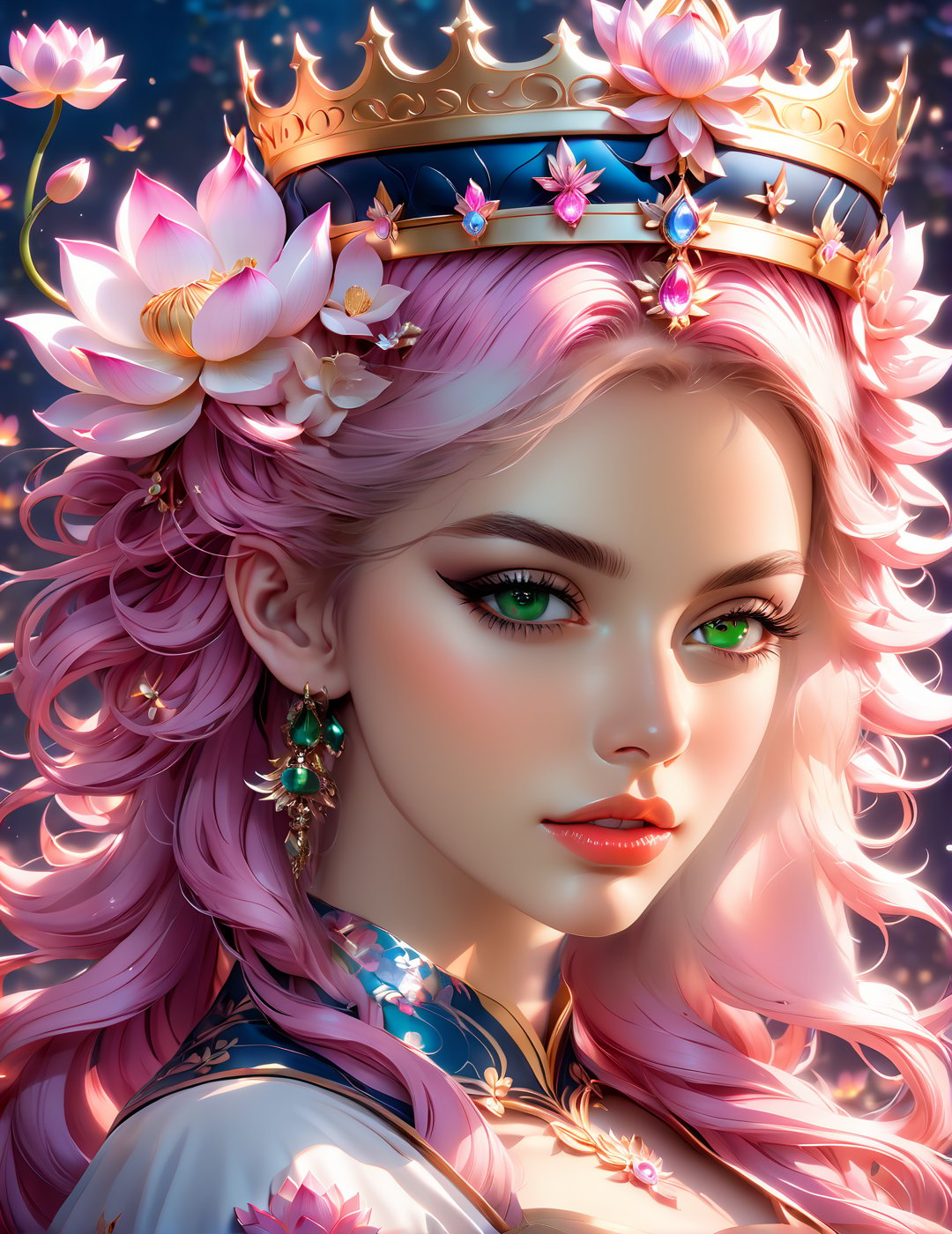 a woman with pink hair and a crown on her head, beautiful fantasy art portrait, lotus floral crown girl, beautiful fantasy portrait, by Lü Ji, anime fantasy artwork, beautiful anime portrait, by Ross Tran, korean art nouveau anime, gorgeous digital art, stunning anime face portrait, cgsociety 9, goddess art, very beautiful fantasy art, fairy cgsociety