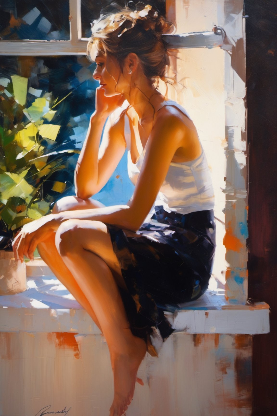 a painting of a woman sitting on a window sill, a fine art painting by Michael Garmash, cgsociety, figurative art, art on instagram, detailed painting, ilya kuvshinov