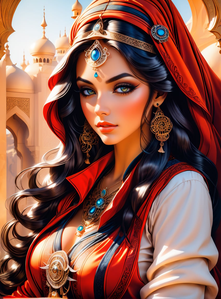 a woman with a very long hair, arabian style, marc brunet,Eyeliner, make-up, eye shadow, modelling, promotionally, kissable lips, blurred background, captivating shot, steampunk beautiful anime woman, beautiful fantasy art portrait, beautiful fantasy portrait, photographic shot, beautiful anime portrait, stunning anime face portrait, artgerm. anime illustration, anime fantasy artwork, charlie bowater and artgerm, gaston bussiere and artgerm, goddess portrait, arabian art , sand, cold air, evening light