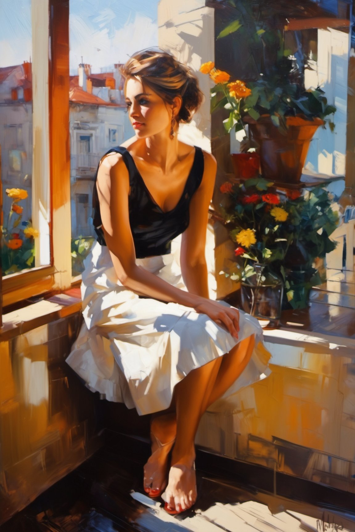 a painting of a woman sitting on a window sill, a fine art painting by Michael Garmash, cgsociety, figurative art, art on instagram, detailed painting, ilya kuvshinov