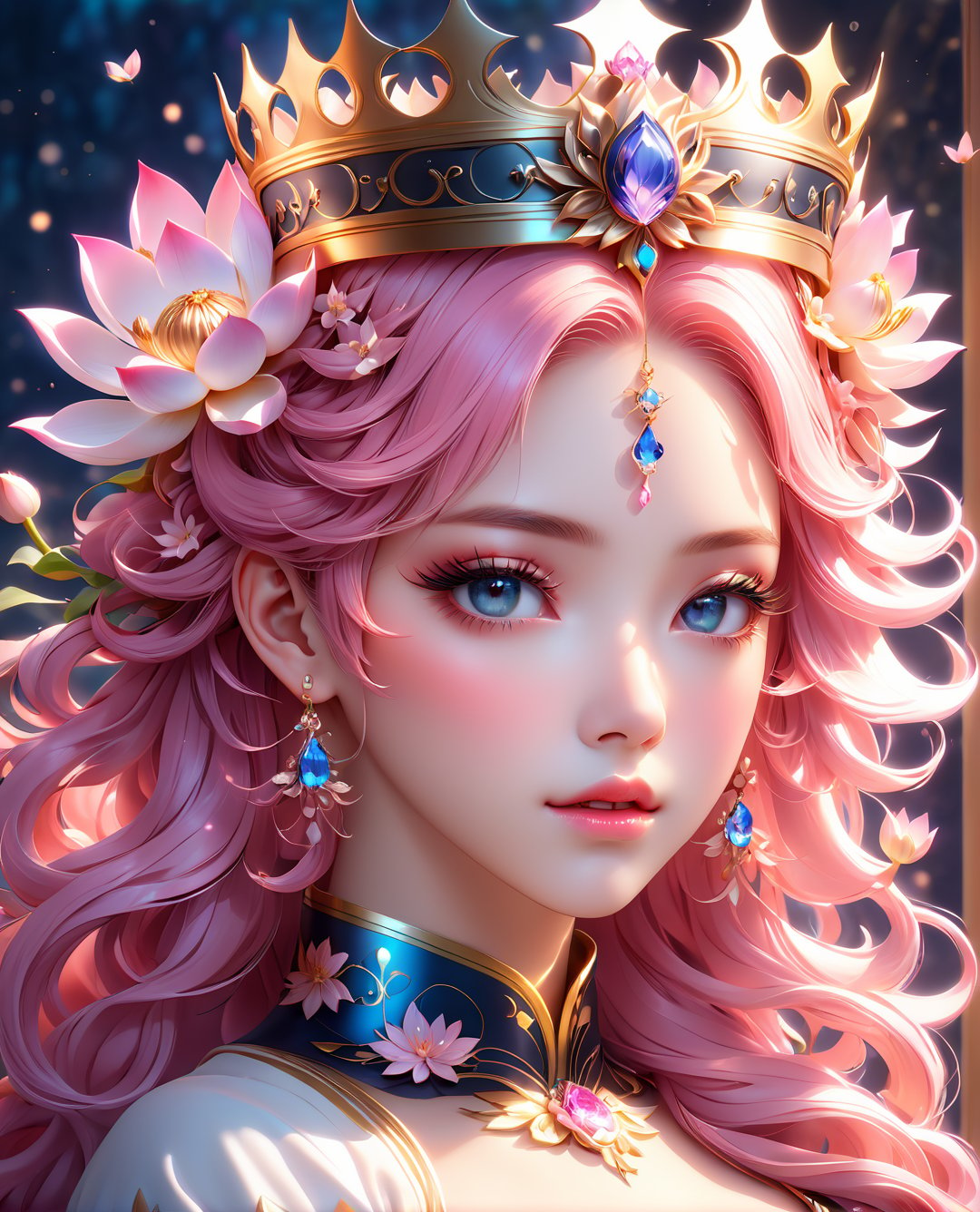 a woman with pink hair and a crown on her head, beautiful fantasy art portrait, lotus floral crown girl, beautiful fantasy portrait, by Lü Ji, anime fantasy artwork, beautiful anime portrait, by Ross Tran, korean art nouveau anime, gorgeous digital art, stunning anime face portrait, cgsociety 9, goddess art, very beautiful fantasy art, fairy cgsociety