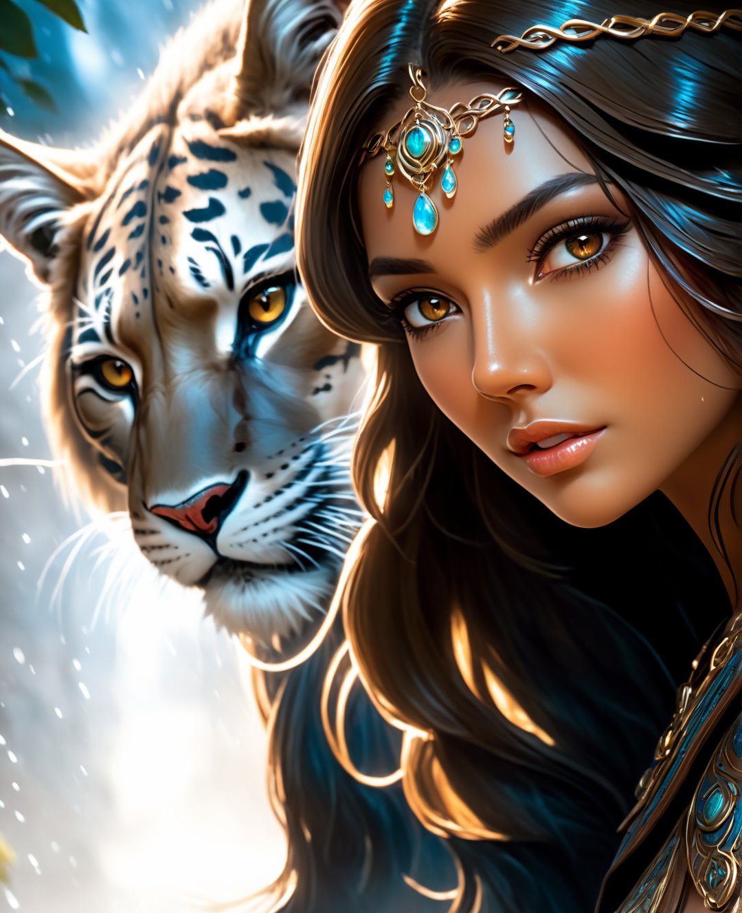 A dream of a stunning woman,  female human druid wearing leather clothes and leather Boots with Thick Long Brown Hair, Tan Skin, and Deep Brown Eyes, talking to a Cougar, in the background is a desert oasis and flowing stream, Ultra Wide Shot, RAW, marc brunet,Eyeliner, make-up, eye shadow, promotionally, kissable lips, masterpiece, best quality, ultra-detailed, best shadow), (detailed background,dark fantasy), (beautiful detailed face), high contrast, (best illumination, an extremely delicate and beautiful), ((cinematic light)), colorful, hair covers eye, bangs, hyper detail, dramatic light, intricate details, big breasted, swirling light around the character, depth of field, light particles, , extremely detailed goddess shot, beautiful anime portrait,by Hidari Jingorō, goddess portrait, goddess of rain, her form illuminated by the rain and sky,stunning face portrait, artgerm.  illustration,  fantasy artwork, charlie bowater and artgerm, gaston bussiere and artgerm, goddess portrait, nordic art, smirking slightly, rain, Pendant