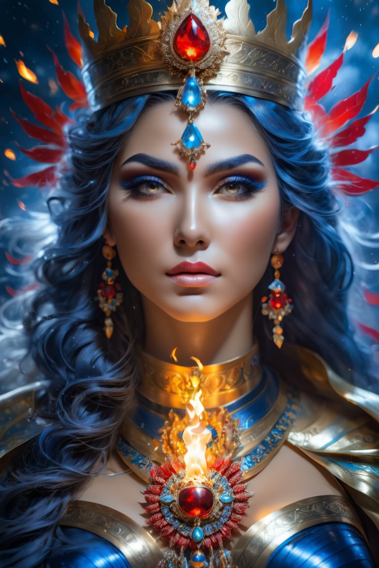 Black, blue, red, a close up of a stunning woman with  hair flame head, Eyeliner, make-up, eye shadow, modelling, promotionally, kissable lips, blurred background, captivating shot, shed long hair, bangs, hair covers eye, much female curves, portrait of queen of element, extremely detailed goddess shot, goddess art, npc with a saint\'s halo, by Hidari Jingorō, beautiful fantasy portrait, photographic shot, beautiful anime portrait, stunning anime face portrait, artgerm. anime illustration, anime fantasy artwork, charlie bowater and artgerm, gaston bussiere and artgerm, goddess portrait, goddess of elements, her form illuminated by the rain and sky, royal halo, epically murky cold image, celestial aura, bright divine lighting,  cloud, sky, Goddess of elements, smirking slightly, sly, rebel, rain, murky, cold air,