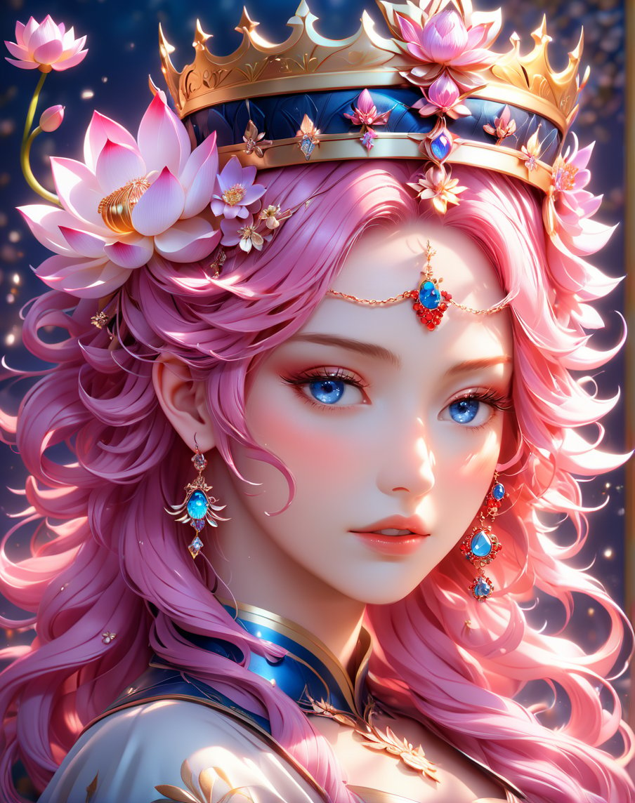 a woman with pink hair and a crown on her head, beautiful fantasy art portrait, lotus floral crown girl, beautiful fantasy portrait, by Lü Ji, anime fantasy artwork, beautiful anime portrait, by Ross Tran, korean art nouveau anime, gorgeous digital art, stunning anime face portrait, cgsociety 9, goddess art, very beautiful fantasy art, fairy cgsociety