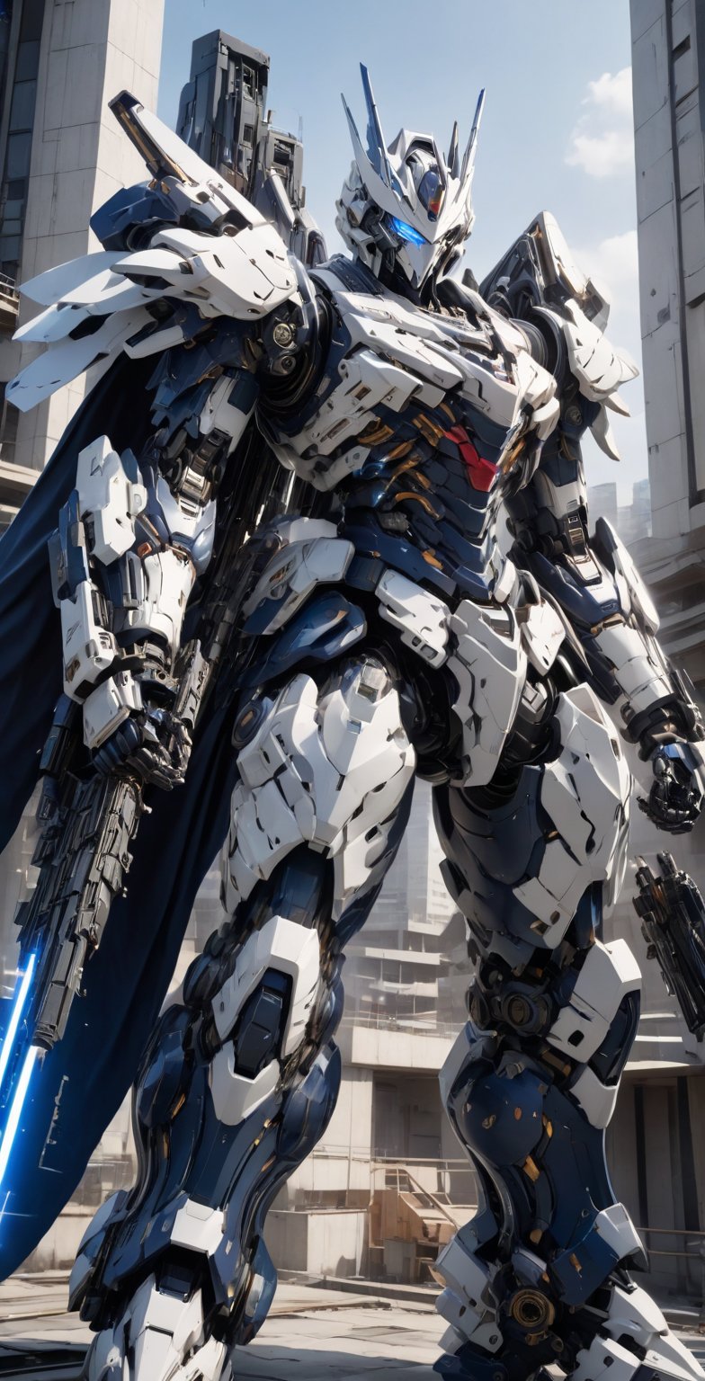 solo, standing, weapon, no humans, robot, Blue and white armoured body with dark blue line border, giant cannon turret, laser beam saber.mecha, science fiction, looking ahead, open hands,Building optimization