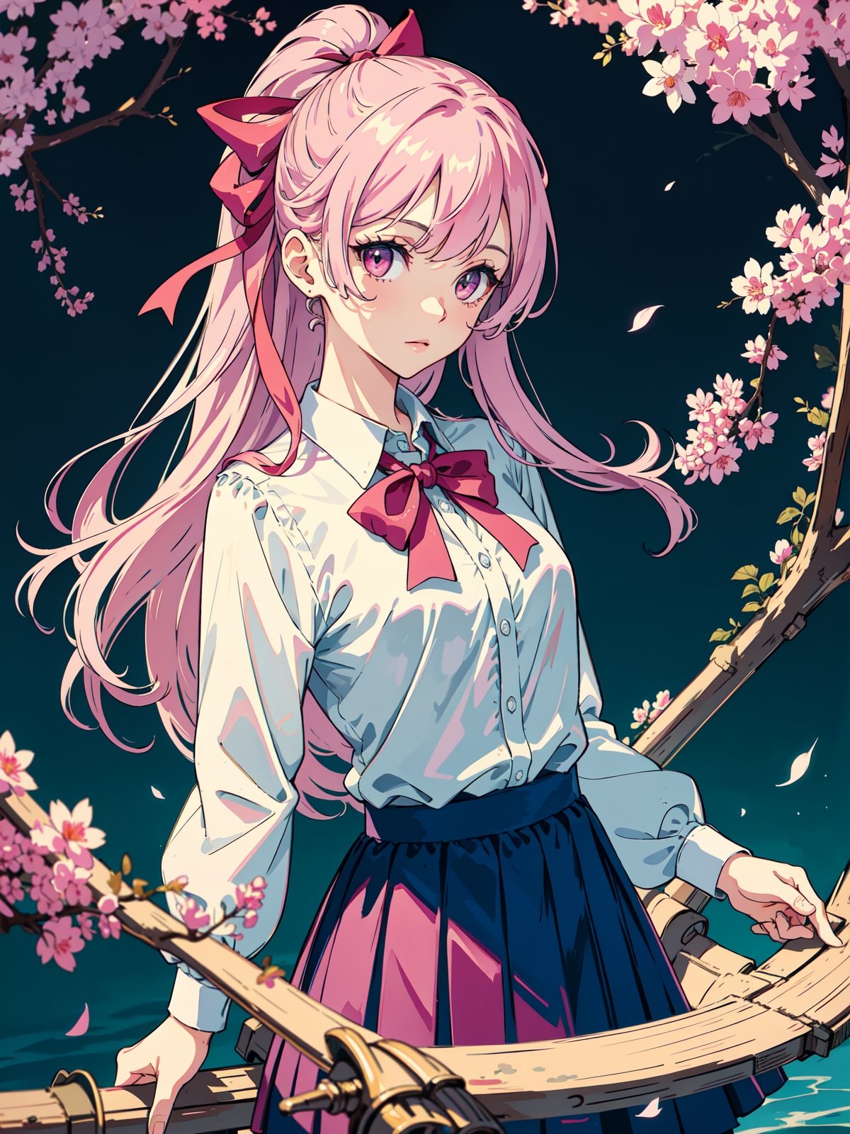 (detailed beautiful eyes and detailed face, masterpiece side light, masterpiece, best quality, detailed, high resolution illustration), (1 girl, beautiful girl, shiny skin, looking down, looking at viewer), ( Sky blue long hair, pink eyes, skirt, ribbon, button-down shirt) 45 degrees, top view,  sideways,bagpipeqr,HowToHoldMeme,1 girl,blurry_light_background