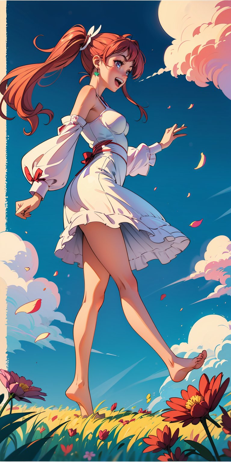 watercolor, masterpiece, best quality, high resolution, asain girl, full body, profile, solo, beautiful face, pink and long hair, earrings, hair ornament, white dress, bow, twintails, open mouth, smile, bare shoulders, medium breasts, flying, bare and bent legs, without shoes, flowers, petals, colorful, gorgeous clouds