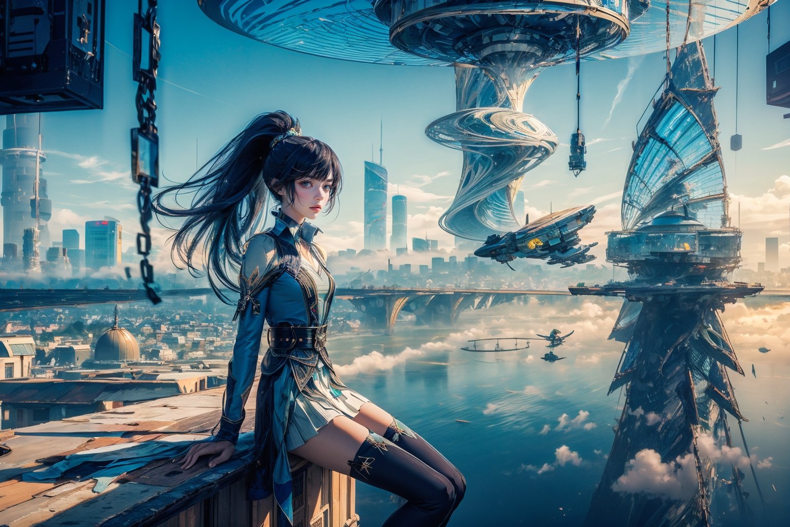 1girl, long hair, dress,hair ornament, looking at viewer, mature female, cityscape, night, thighhighs, clothing cutout, bangs, high collar,white skirt,ponytail, cowboy shot, long sleeves, belt,blue eyes,abstract colors, texture, film grain, skin pores, dusty atmospheric haze, vignetting, intricate hasselblad dslr RAW full-body dramatic portrait photo of a beautiful girl with long  hair wearing a sundress, sitting on a ledge overlooking a (scifi solarpunk)1.2 city skyline, dangling legs, foggy morning, (backlit)1.2, (film grain)1.2, coastal atolls