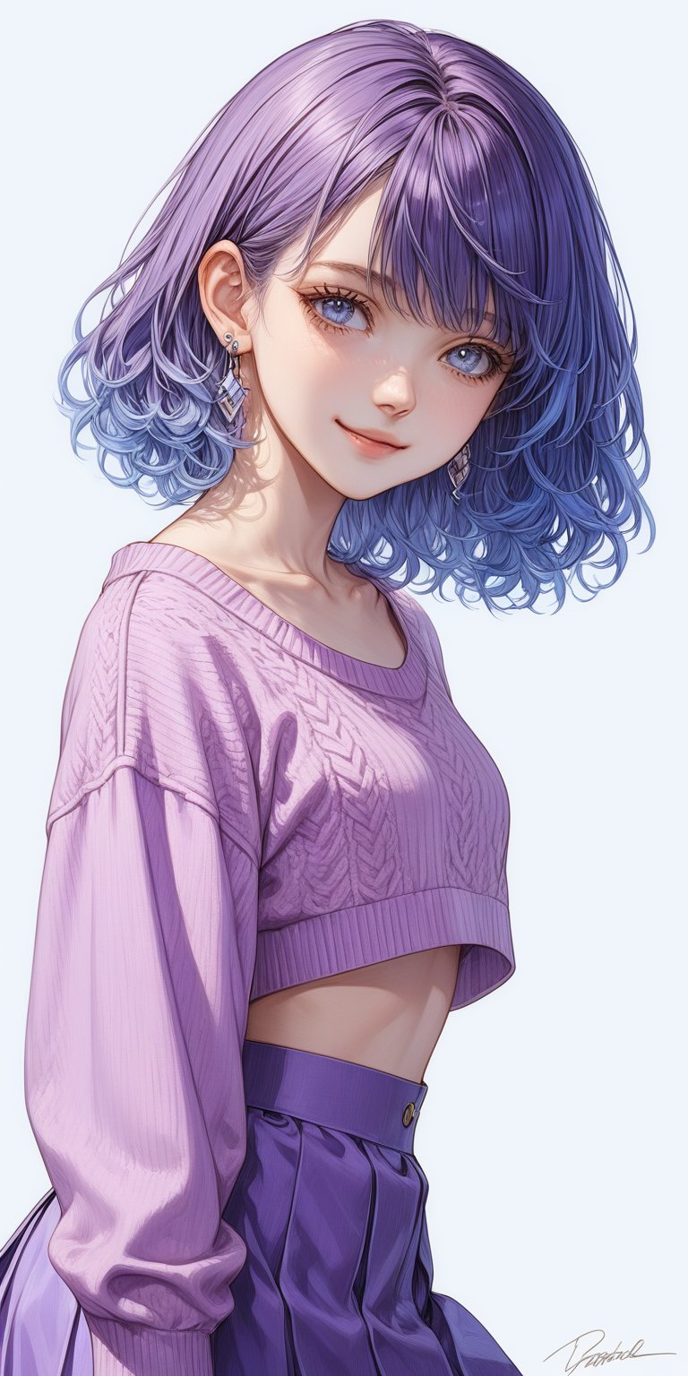 1girl, solo, smile, blue eyes, skirt, simple background, shirt, long sleeves, white background, jewelry, blue hair, collarbone, jacket, cowboy shot, earrings, artist name, signature, medium hair, black eyes, crop top, sleeves past wrists, looking to the side, purple skirt, purple shirt, purple jacket, purple sweater