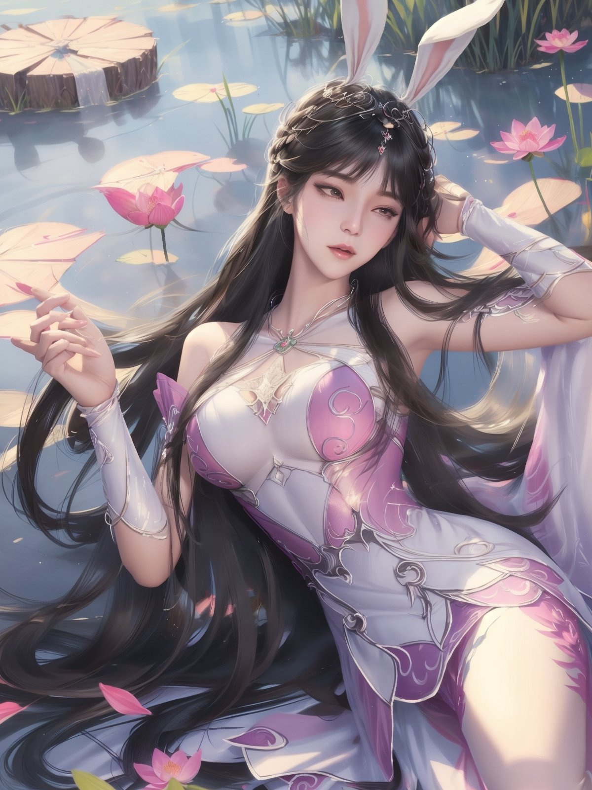 Lying in a lotus pond, lots and lots of lotus flowers, the art depicts a charming woman in a flowing, silky traditional oriental dress in pink, tight translucent trousers, decorated with intricate patterns and bright colors. Her dress drapes elegantly over her curvy figure, accentuating her seductive silhouette. She knelt gracefully by the tranquil lotus lake, bathed in the soft glow of the moonlight. The scene exudes an ethereal and dreamy atmosphere, with a touch of mystery and sexiness. The graphic style blends watercolor and digital illustration techniques to evoke a refined beauty and charm. The lights are filled with soft moonlight, casting soft highlights and shadows on her charming features. Bare thighs, wearing tight translucent pants, large breasts, three-dimensional facial features, lying down, upturned legs, side braids, 2 hands, 2 legs,rabbit ears,long dress,long hair, hair