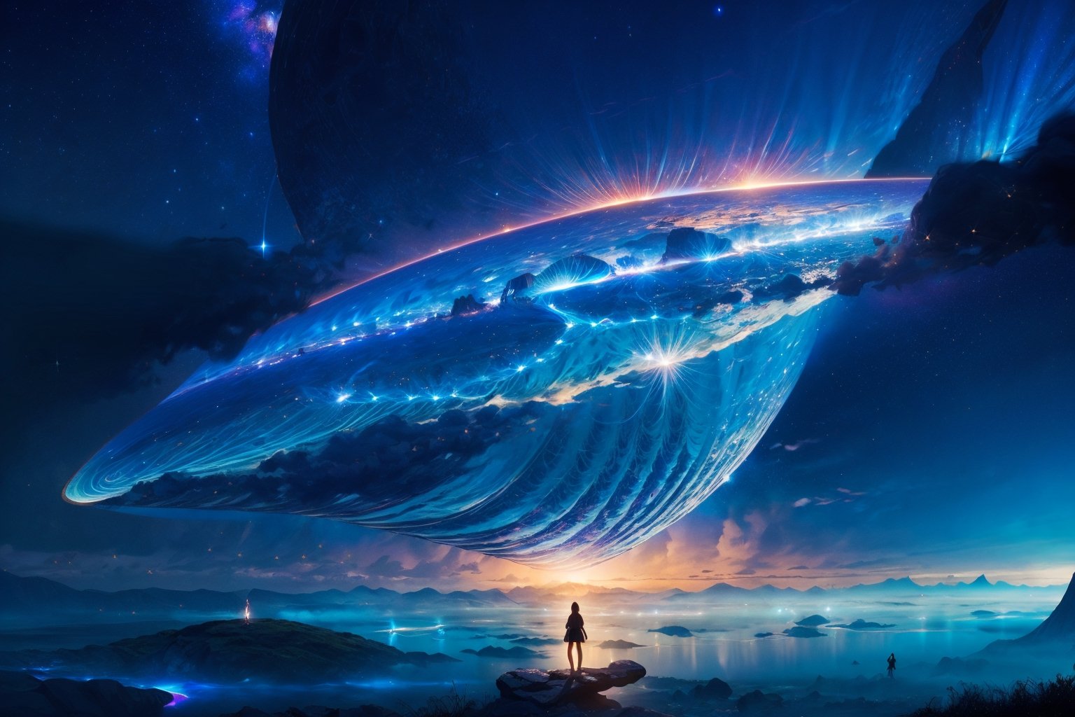 Step into a world of wonder and ethereal beauty, where reality and dreams intertwine. Visualize an awe-inspiring scene - a breathtaking view of a sea of stars, shimmering brilliantly above a blanket of fluffy clouds. In the foreground, a young girl stands on a cloud, her silhouette poised against the celestial panorama.
BREAK 
Describe the girl's stance as she gazes up at the vast expanse of twinkling stars, capturing her sense of awe and reverence. Explore the emotions evoked by the scene - a mix of wonder, curiosity, and a deep connection to the vastness of the universe. Consider the significance of this moment for the girl - is she contemplating her place in the cosmos, seeking solace or inspiration, or perhaps embarking on a celestial journey of her own?
BREAK 
Craft a brief narrative or evoke a sense of atmosphere, using evocative language to emphasize the surreal and otherworldly nature of the scene. Explore the interplay between the tangible and the intangible - the solid cloud beneath her feet contrasting with the infinite expanse of stars above. Consider incorporating sensory details such as the soft touch of the cloud, the sound of distant celestial music, or the faint scent of stardust in the air.