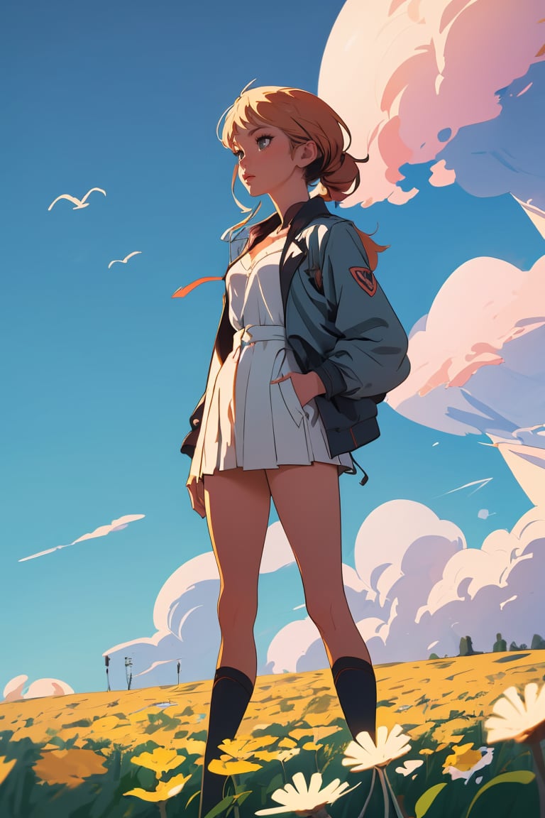 (best quality, masterpiece), 1girl, cloudy sky, dandelion, contrapposto, alternate hairstyle, 