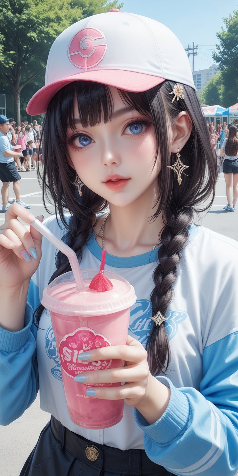 A young woman with long black hair and blue eyes looks directly at the viewer while wearing a baseball cap and a braided hairstyle adorned with a hair ornament. She holds a disposable cup with a drinking straw and takes a sip, her lips painted a bright pink to match her nail polish. A delicate ring sparkles on her hand, complementing her earrings as she poses outdoors during the day.