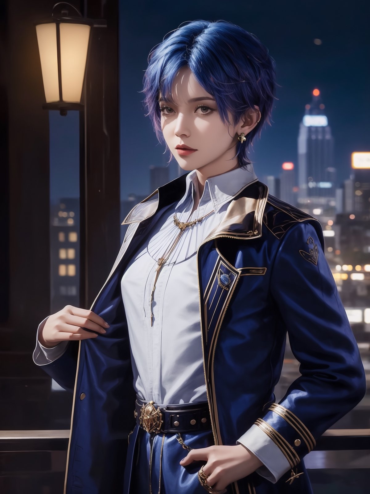 ,1girl, mature female, cityscape, night, looking at viewer, short hair, belt,shirt,jewelry, earrings, coat, long sleeves, 