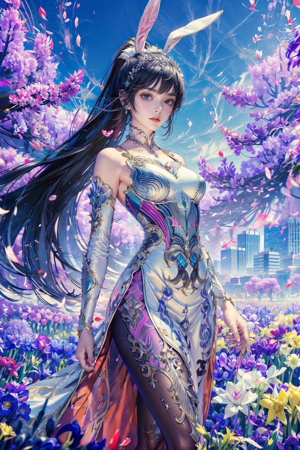 1girl,rabbit ears,long dress,long hair, hair ornament, ponytail, collar,metal collar,shiny,cityscape, night, looking at viewer, mature female,pantyhose,arms behind back,((masterpiece,best quality)),(1girl, solo:1.4),outfits aesthetic,beautiful detailed eyes, vivid, cloudy sky, flower, anemone \(flower\), daffodil, hyacinth,falling petals,