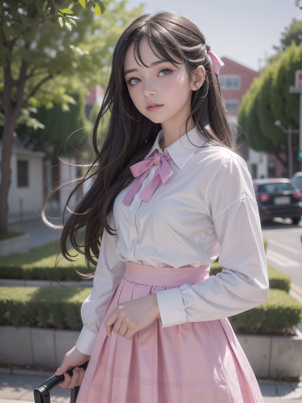 (detailed beautiful eyes and detailed face, masterpiece side light, masterpiece, best quality, detailed, high resolution illustration), (1 girl, beautiful girl, shiny skin, looking down, looking at viewer), ( Sky blue long hair, pink eyes, skirt, ribbon, button-down shirt) 45 degrees, top view,  sideways,bagpipeqr,HowToHoldMeme,1 girl,blurry_light_background