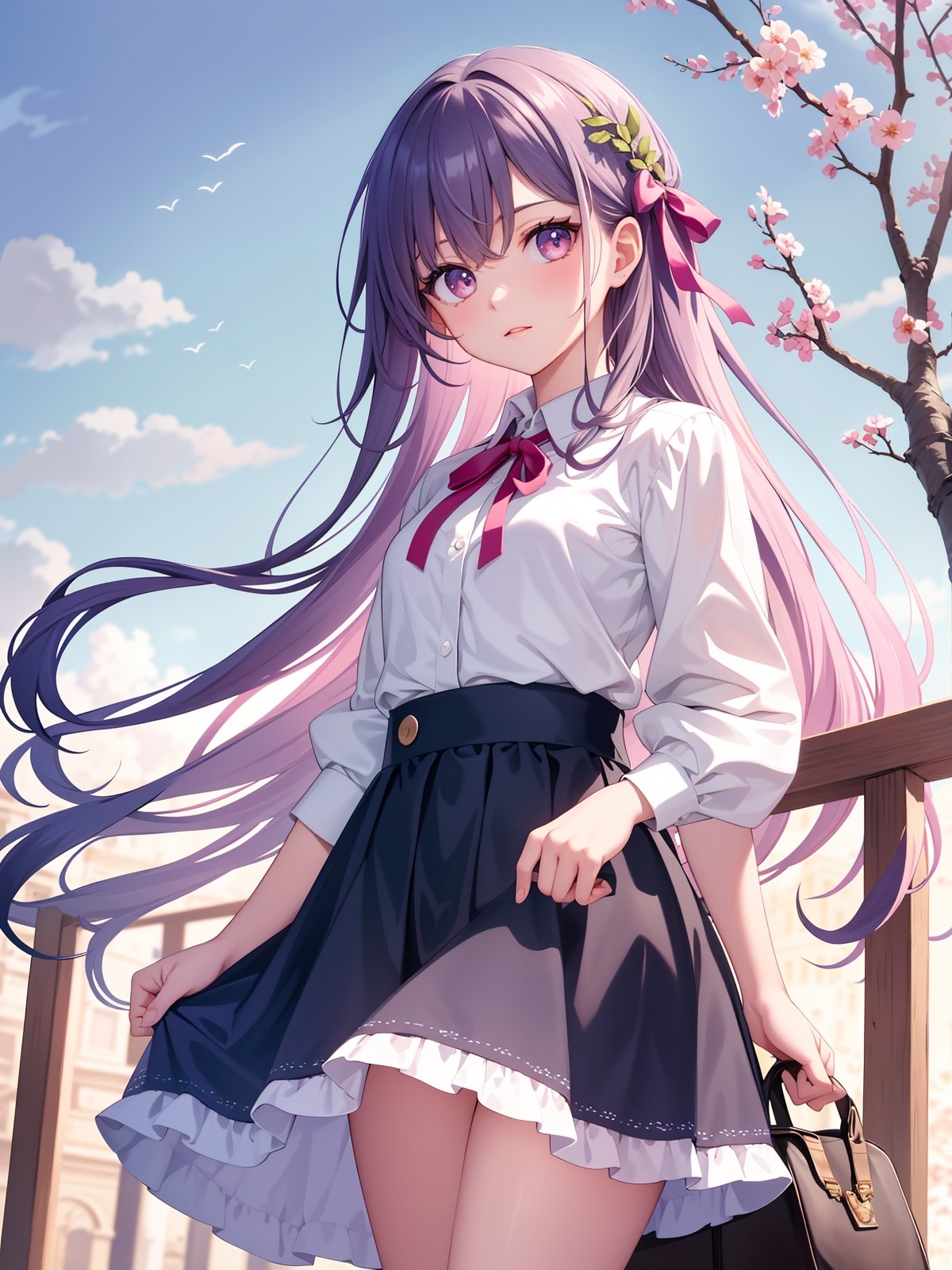 (detailed beautiful eyes and detailed face, masterpiece side light, masterpiece, best quality, detailed, high resolution illustration), (1 girl, beautiful girl, shiny skin, looking down, looking at viewer), ( Sky blue long hair, pink eyes, skirt, ribbon, button-down shirt) 45 degrees, top view,  sideways,bagpipeqr,HowToHoldMeme,1 girl,blurry_light_background