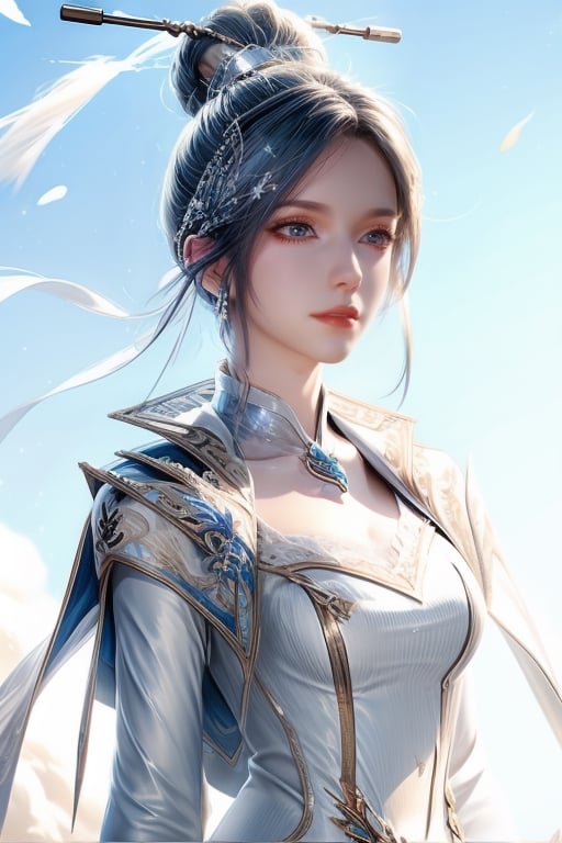 Realistic, masterpiece, highest quality, high resolution, extreme details, 1 girl, solo, bun, headdress, delicate eyes, beautiful face, shallow smile, delicate necklace, suspender dress, white lace dress, light gauze, snow-white skin, delicate skin texture, silver bracelet, pantyhose, high heels, elegant standing, outdoor, blue sky, white clouds, flowers, flowers, grass, movie light, light, light tracking, (Nikon AF-S 105mm f / 1.4E ED