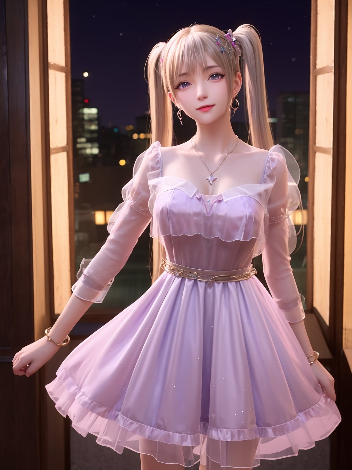 SYNNzidinyitest,1girl,mature female,cityscape,night,looking at viewer,jewelry,dress,purple eyes,earrings,necklace,twintails,indoors,window,hair ornament,cowboy shot, ,shining nikki