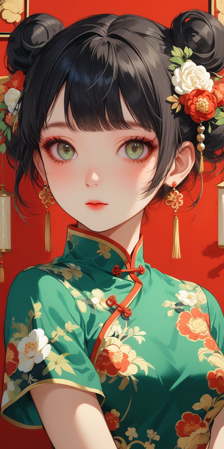 1girl, solo, looking at viewer, blush, bangs, black hair, hair ornament, dress, jewelry, closed mouth, upper body, short sleeves, earrings, hair bun, mole under eye, double bun, chinese clothes, floral print, tassel, china dress, green dress, candle, print dress