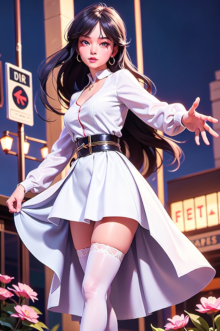 1girl,long hair,dress,hair ornament,looking at viewer,mature female,cityscape,night,thighhighs,clothing cutout,bangs,white skirt,ponytail,long sleeves,belt,blue eyes,makeup,blush,WEDDING PRINCESS DRESS, white petals,