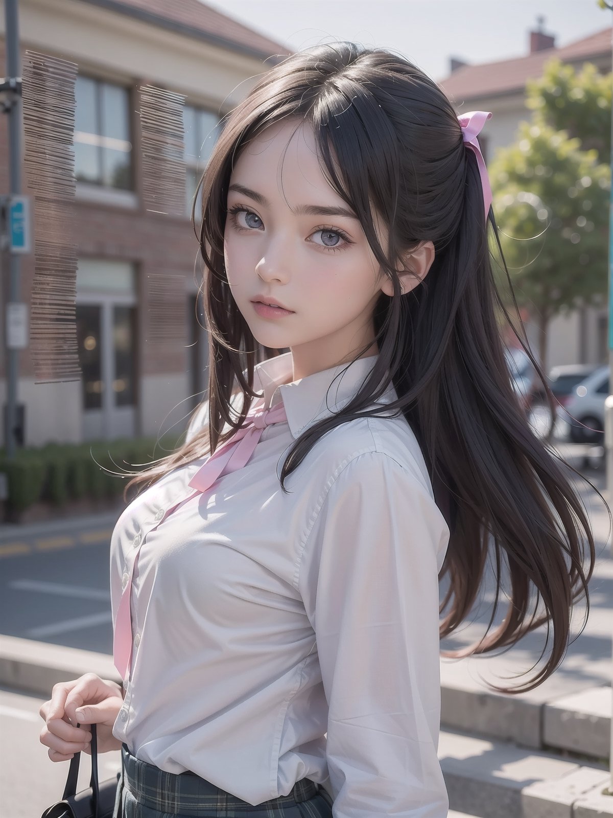 (detailed beautiful eyes and detailed face, masterpiece side light, masterpiece, best quality, detailed, high resolution illustration), (1 girl, beautiful girl, shiny skin, looking down, looking at viewer), ( Sky blue long hair, pink eyes, skirt, ribbon, button-down shirt) 45 degrees, top view,  sideways,bagpipeqr,HowToHoldMeme,1 girl,blurry_light_background