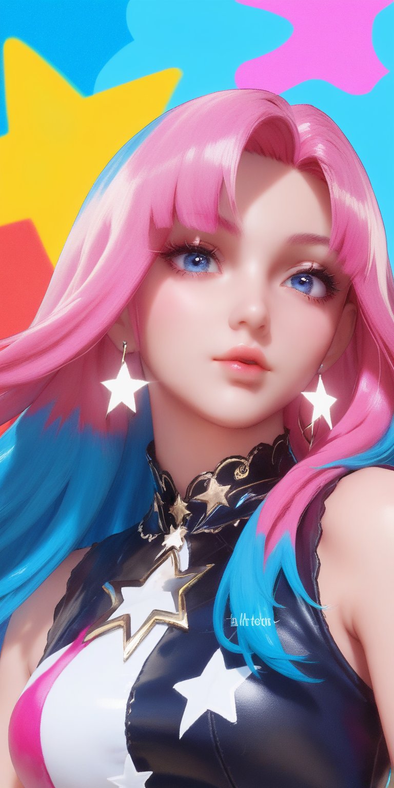 1girl, solo, long hair, looking at viewer, blue eyes, jewelry, blue hair, upper body, pink hair, multicolored hair, earrings, sleeveless, star \(symbol\), lips, watermark, multicolored clothes, colorful, rainbow hair