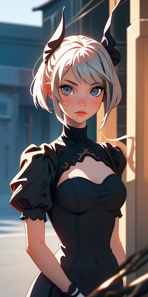 (best quality, masterpiece), 1girl, looking at viewer, blurry background, upper body, contemporary, dress,perfecteyes,milfication,yorha no. 2 type b