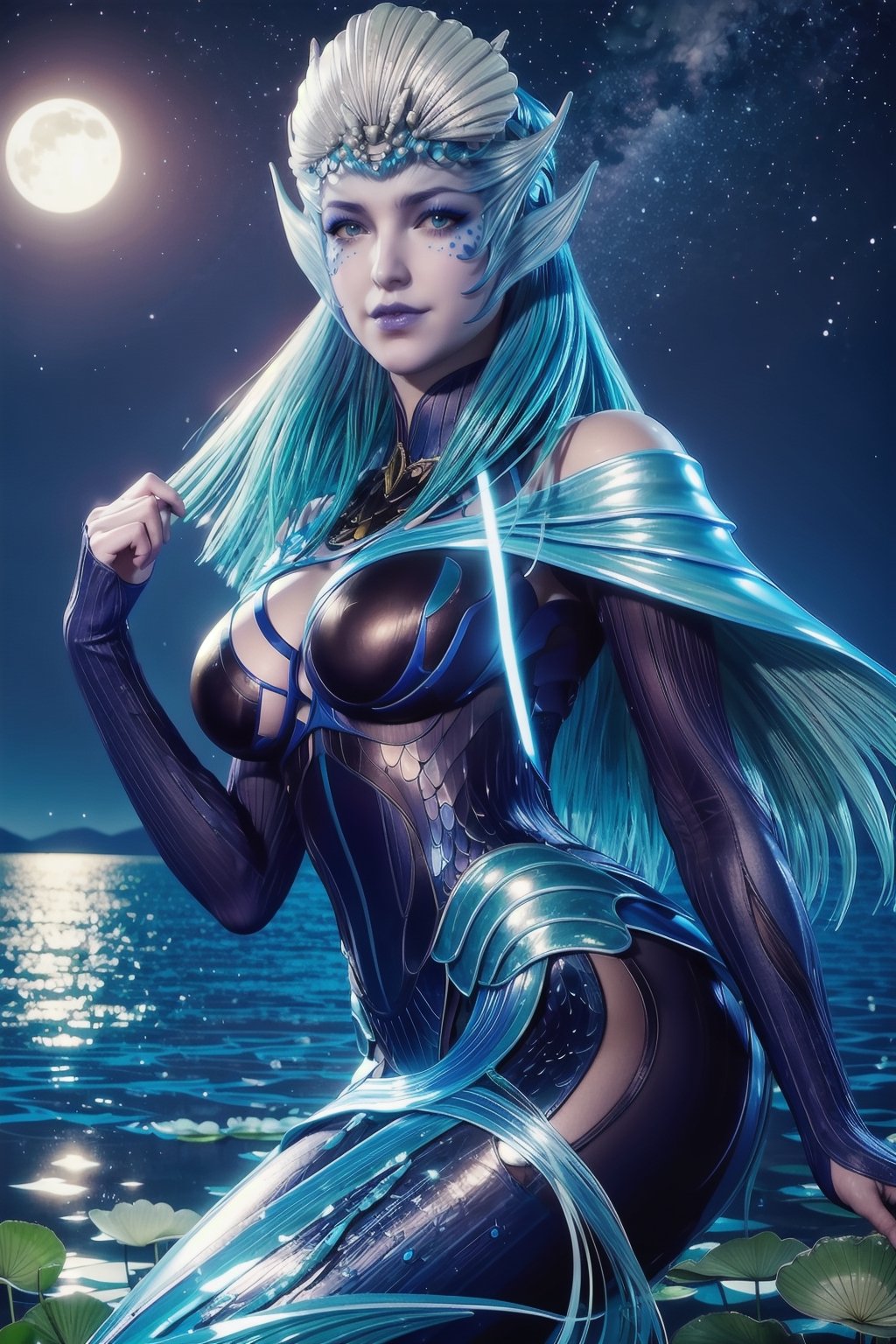 masterpiece,best quality,official art,extremely detailed CG unity 8k wallpaper,realistic,light rays,light particles,
1girl,solo,breasts,long_hair,lue eyes,
blue theme,starry background,scenery,starry sky,night,reflection,night sky,outdoors,milkway,cistern,(lotus:1.2),lake water,moon,
,
looking at viewer,cowboy shot,b,mermaid,fish tail,