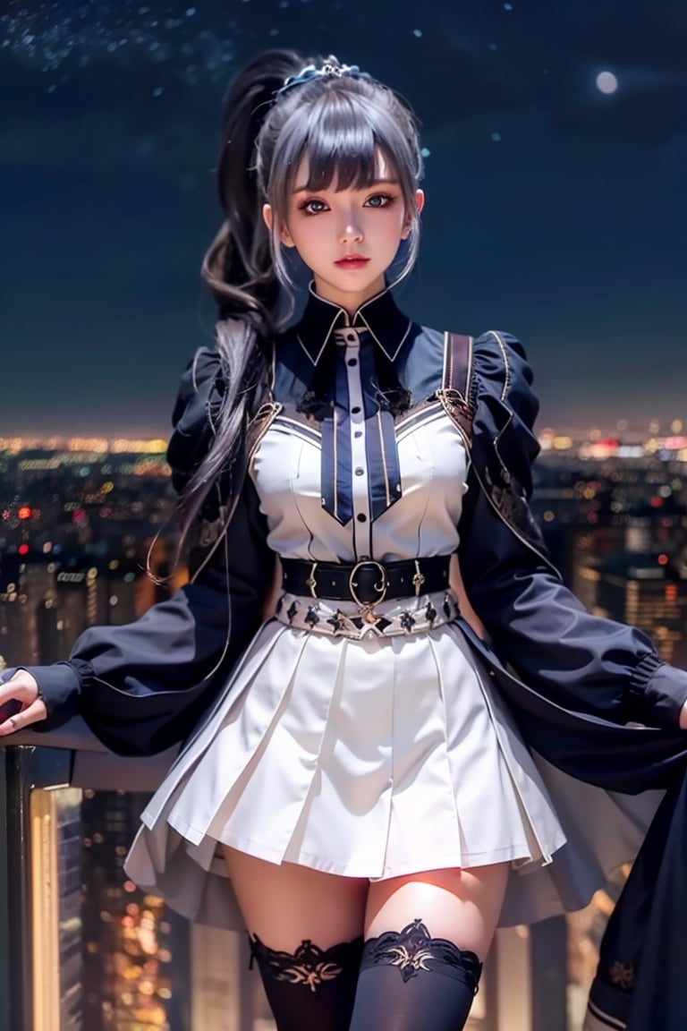 1girl, long hair, dress,hair ornament, looking at viewer, mature female, cityscape, night, thighhighs, clothing cutout, bangs, high collar,white skirt,ponytail, cowboy shot, long sleeves, belt,blue eyes,makeup, blush,