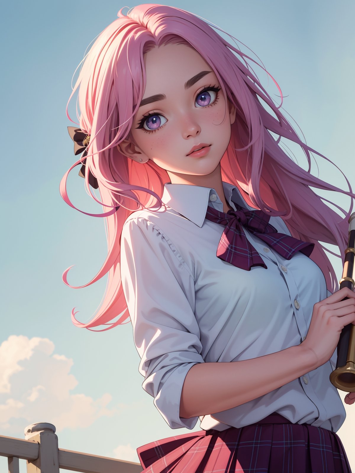 (detailed beautiful eyes and detailed face, masterpiece side light, masterpiece, best quality, detailed, high resolution illustration), (1 girl, beautiful girl, shiny skin, looking down, looking at viewer), ( Sky blue long hair, pink eyes, skirt, ribbon, button-down shirt) 45 degrees, top view,  sideways,bagpipeqr,HowToHoldMeme,1 girl,blurry_light_background