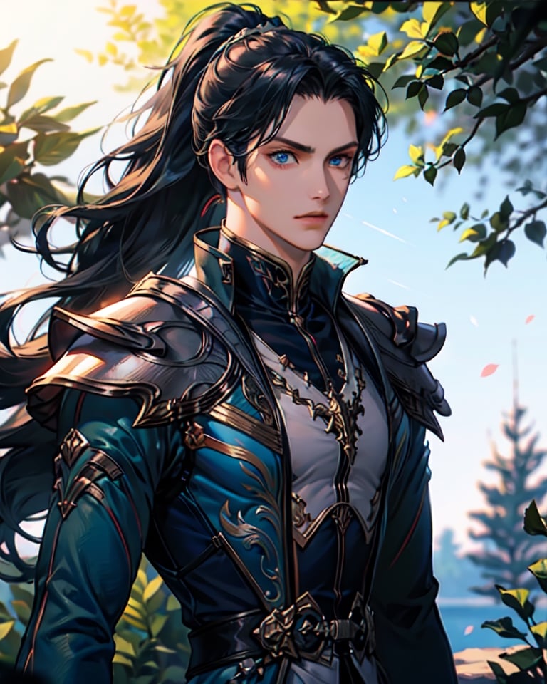 1boy, 1boy, armor, black hair, blue eyes, blurry, blurry background, closed mouth, depth of field, long hair, looking at viewer, male focus, outdoors, ponytail, solo, tree, upper body