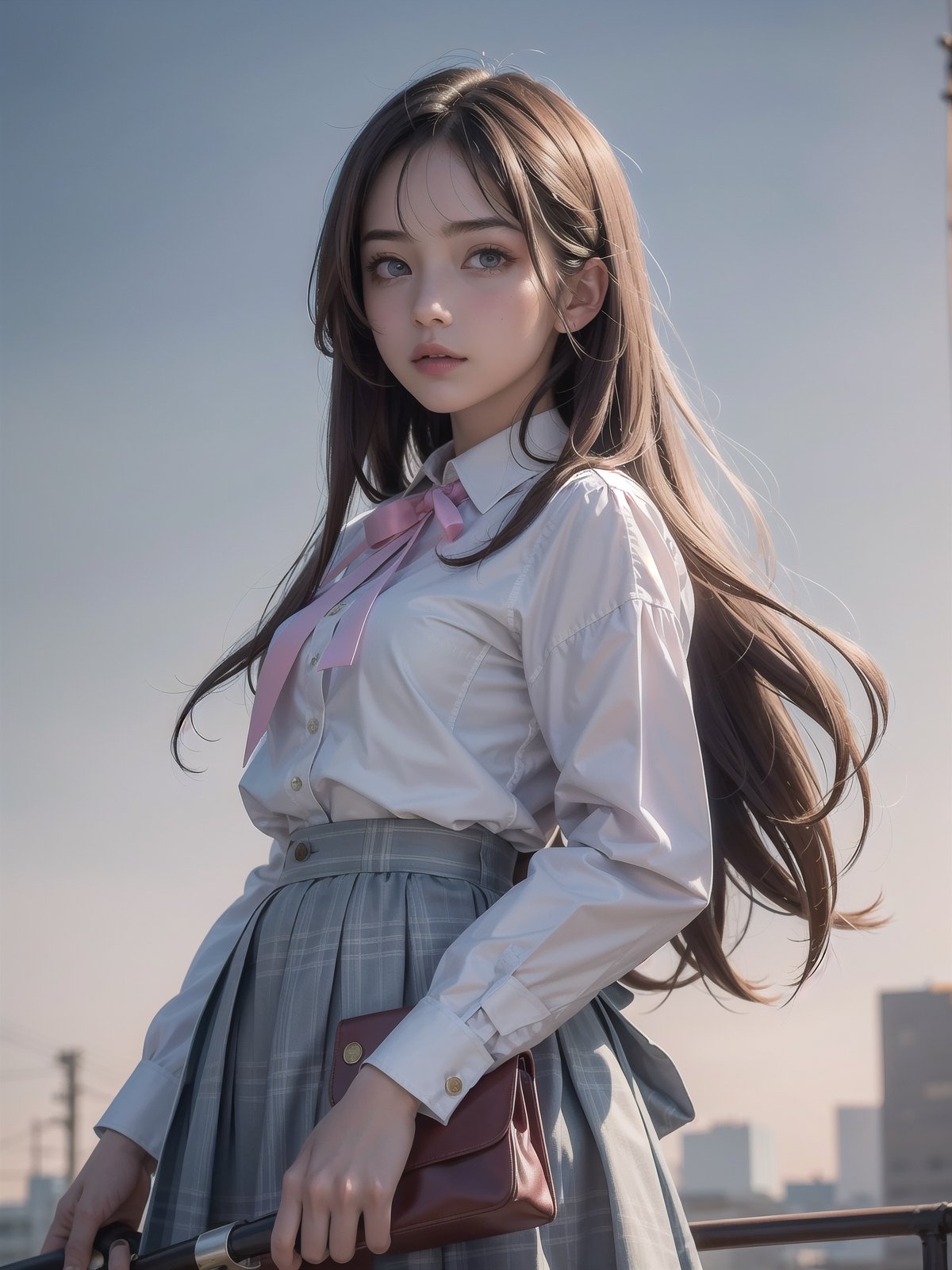 (detailed beautiful eyes and detailed face, masterpiece side light, masterpiece, best quality, detailed, high resolution illustration), (1 girl, beautiful girl, shiny skin, looking down, looking at viewer), ( Sky blue long hair, pink eyes, skirt, ribbon, button-down shirt) 45 degrees, top view,  sideways,bagpipeqr,HowToHoldMeme,1 girl,blurry_light_background