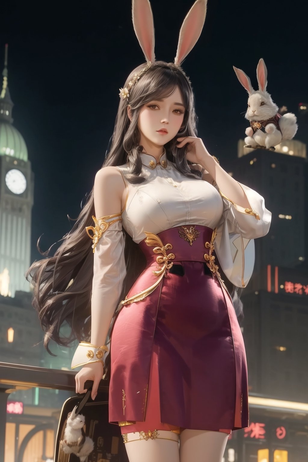 ,1girl,mature female, looking at viewer, cityscape, night, hair ornament, long hair, fake animal ears, skirt,shirt,clothing cutout, rabbit ears, detached sleeves, 