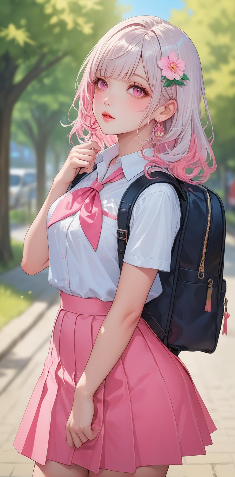 1girl, solo, long hair, bangs, skirt, shirt, hair ornament, jewelry, school uniform, white shirt, pink hair, flower, white hair, short sleeves, multicolored hair, cowboy shot, pleated skirt, earrings, outdoors, parted lips, day, collared shirt, hair flower, pink eyes, bag, blurry, lips, neckerchief, backpack, looking up, pink skirt