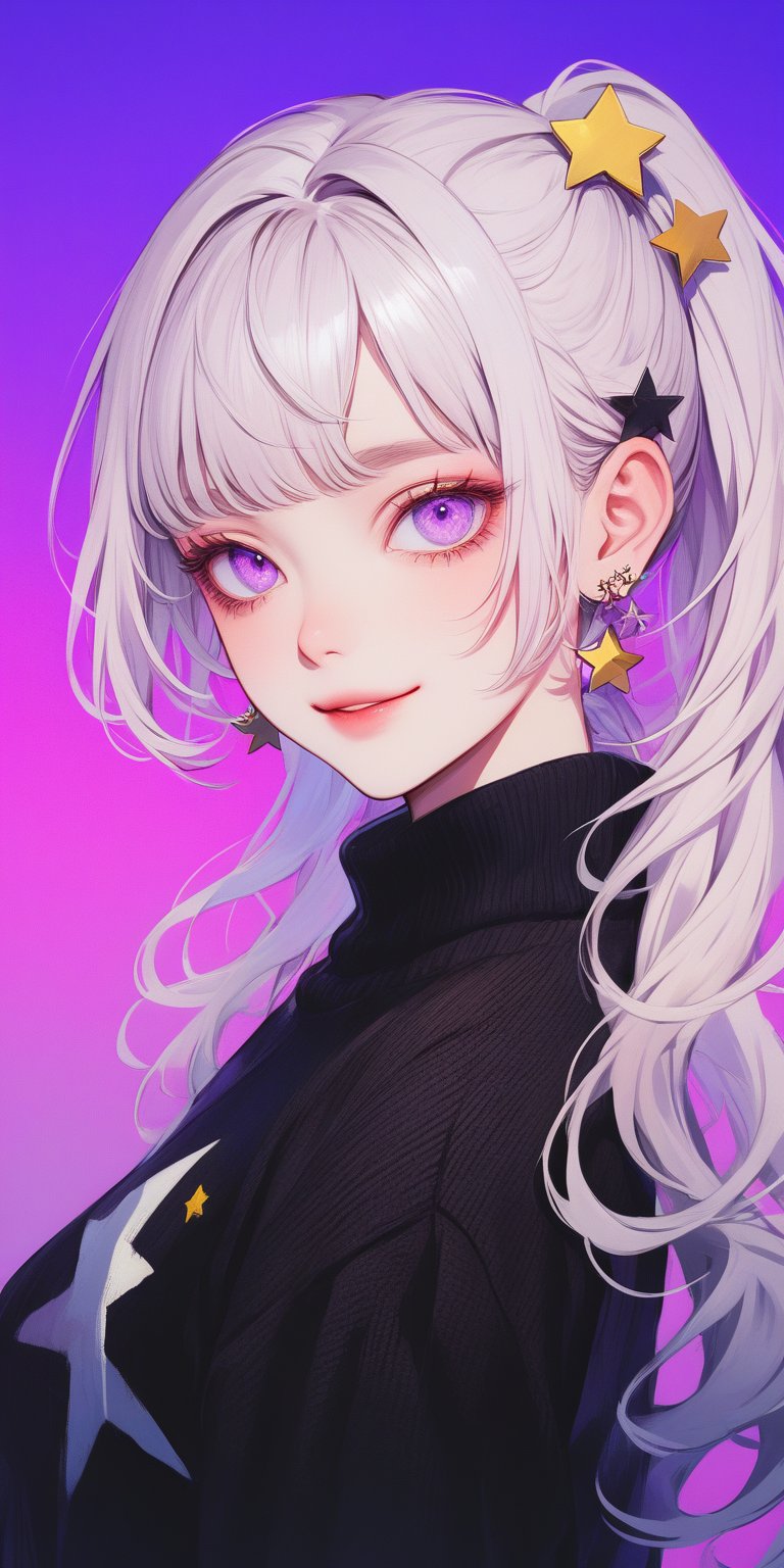 1girl, solo, long hair, looking at viewer, smile, bangs, shirt, hair ornament, long sleeves, twintails, jewelry, purple eyes, upper body, ponytail, purple hair, white hair, earrings, parted lips, star \(symbol\), sweater, gradient, black shirt, gradient background, clothes writing, purple background, star hair ornament, black sweater, star earrings