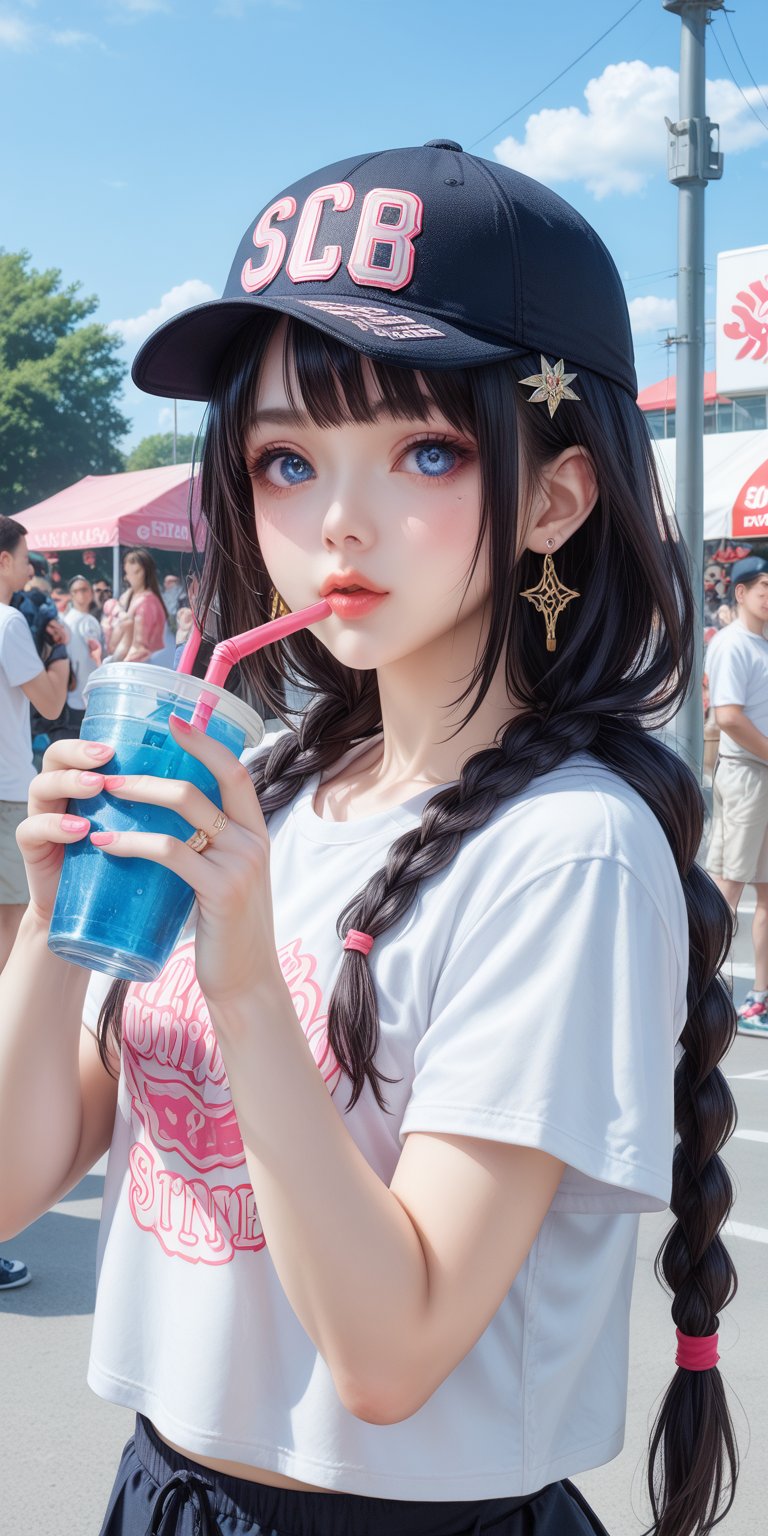 A young woman with long black hair and blue eyes looks directly at the viewer while wearing a baseball cap and a braided hairstyle adorned with a hair ornament. She holds a disposable cup with a drinking straw and takes a sip, her lips painted a bright pink to match her nail polish. A delicate ring sparkles on her hand, complementing her earrings as she poses outdoors during the day.