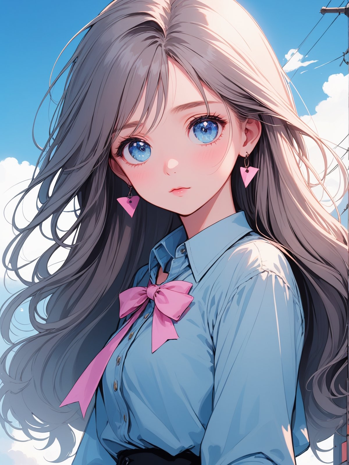 (detailed beautiful eyes and detailed face, masterpiece side light, masterpiece, best quality, detailed, high resolution illustration), (1 girl, beautiful girl, shiny skin, looking down, looking at viewer), ( Sky blue long hair, pink eyes, skirt, ribbon, button-down shirt) 45 degrees, top view,  sideways,bagpipeqr,HowToHoldMeme,1 girl,blurry_light_background