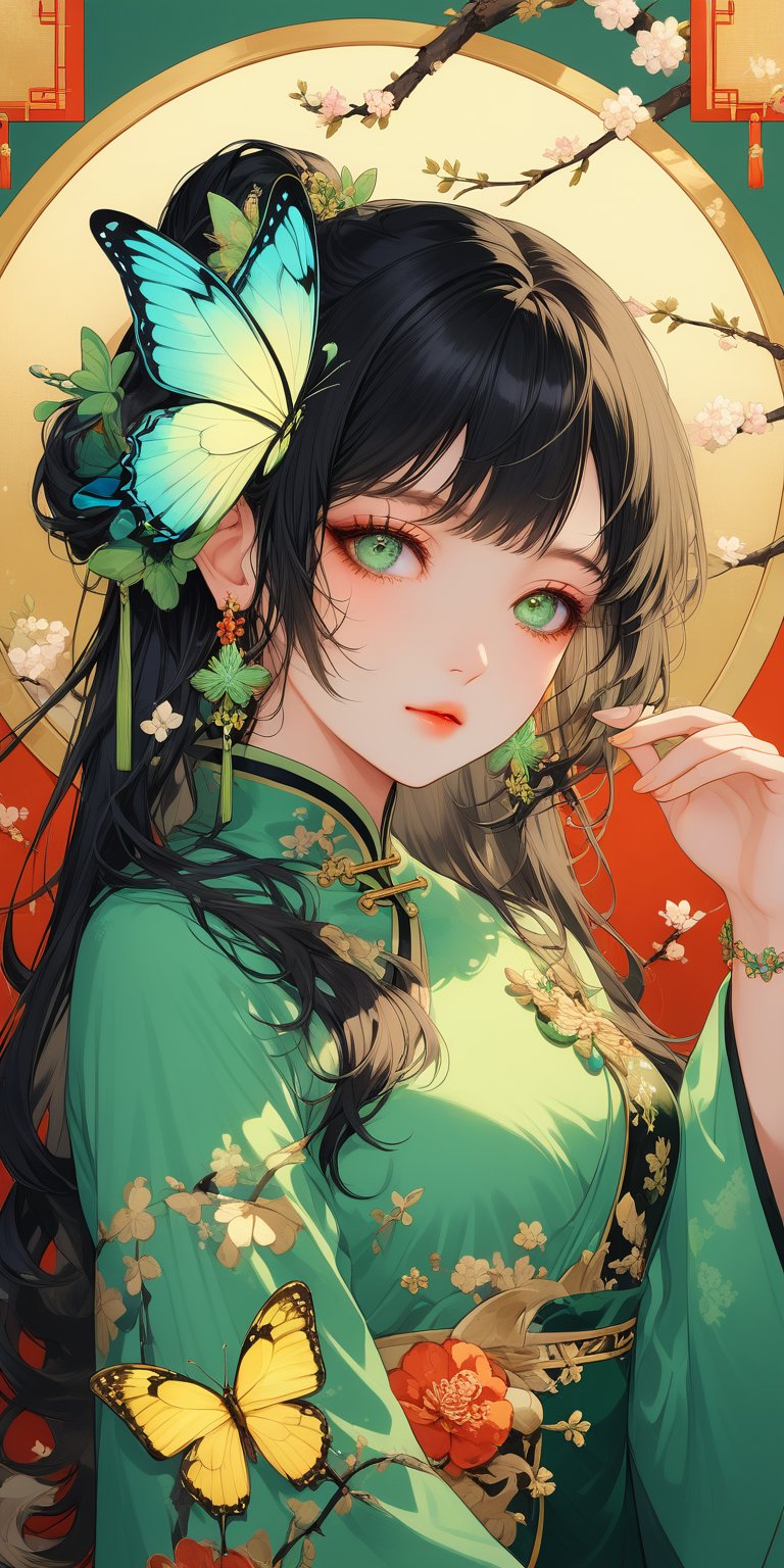 1girl, solo, long hair, black hair, hair ornament, long sleeves, dress, jewelry, green eyes, upper body, flower, earrings, hand up, hair flower, bracelet, chinese clothes, bug, butterfly, green dress, light, glowing butterfly