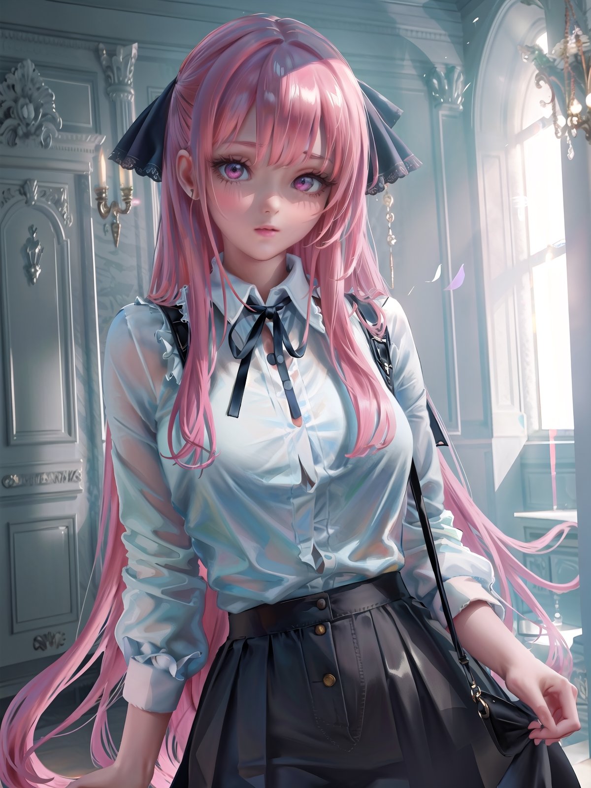 (detailed beautiful eyes and detailed face, masterpiece side light, masterpiece, best quality, detailed, high resolution illustration), (1 girl, beautiful girl, shiny skin, looking down, looking at viewer), ( Sky blue long hair, pink eyes, skirt, ribbon, button-down shirt) 45 degrees, top view,  sideways,bagpipeqr,HowToHoldMeme,1 girl,blurry_light_background