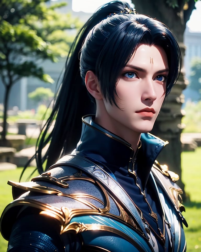 1boy, 1boy, armor, black hair, blue eyes, blurry, blurry background, closed mouth, depth of field, long hair, looking at viewer, male focus, outdoors, ponytail, solo, tree, upper body