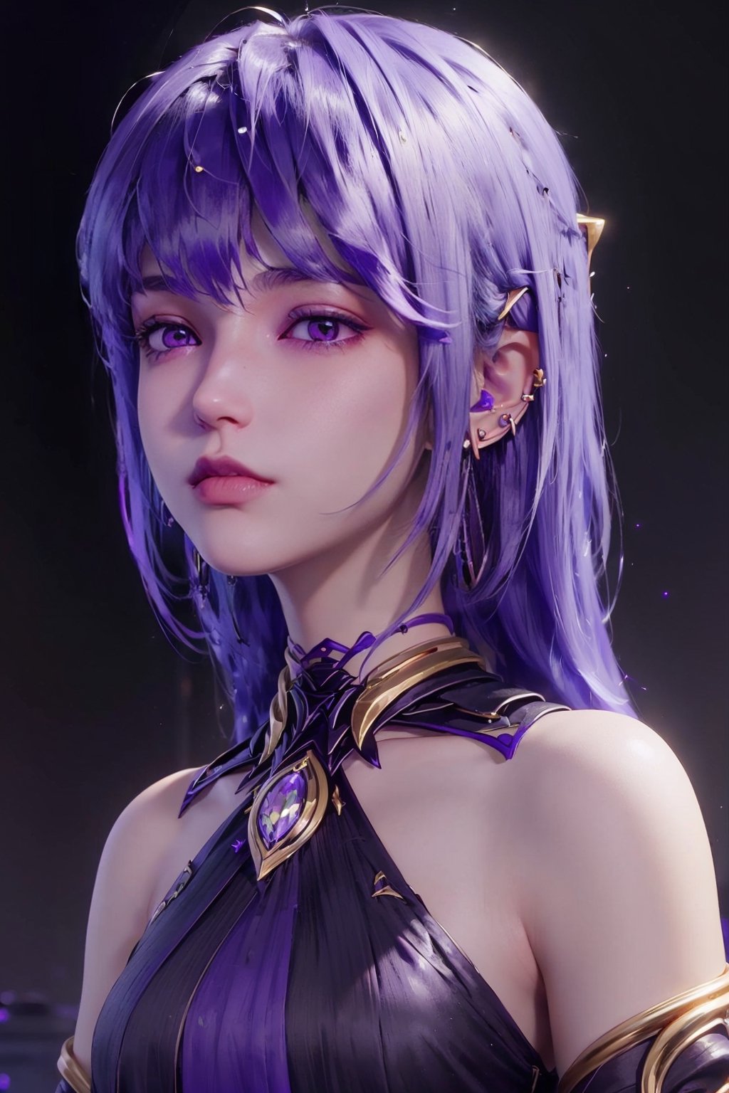 (,1girl, pov,best quality, ), ((, jewelry, earrings, , purple hair, purple eyes,1girl,,blush,upper body,small breasts,,,,,,Any_Girl,Hime cut,long black hair,lip biting,detailed skin,detailed face,(studio light:1.4),Artgerm,,