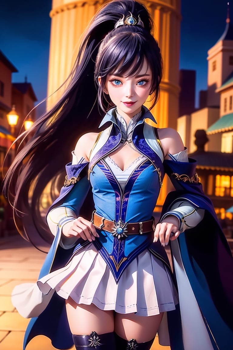 1girl, long hair, dress,hair ornament, looking at viewer, mature female, cityscape, night, thighhighs, clothing cutout, bangs, high collar,white skirt,ponytail, cowboy shot, long sleeves, belt,blue eyes,makeup, blush,ultra-detailed, masterpiece, highest quality, love letter, pov,smile,blush