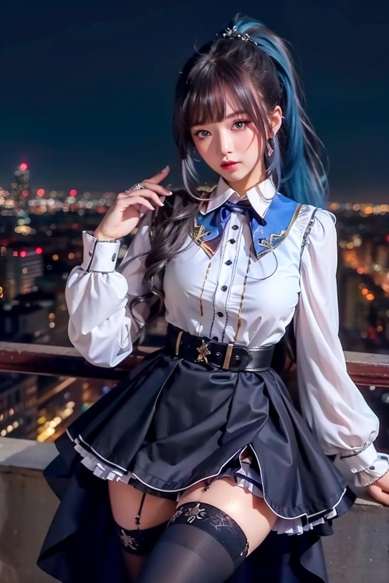 1girl, long hair, dress,hair ornament, looking at viewer, mature female, cityscape, night, thighhighs, clothing cutout, bangs, high collar,white skirt,ponytail, cowboy shot, long sleeves, belt,blue eyes,makeup, blush,