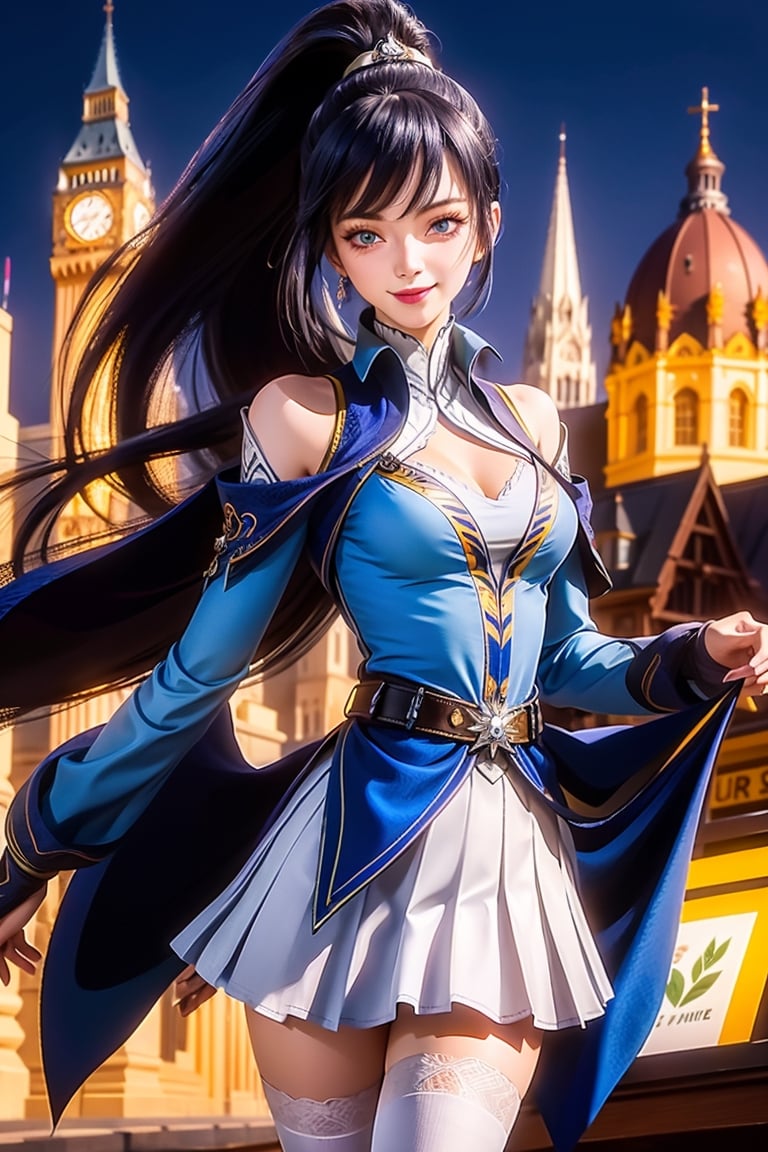 1girl, long hair, dress,hair ornament, looking at viewer, mature female, cityscape, night, thighhighs, clothing cutout, bangs, high collar,white skirt,ponytail, cowboy shot, long sleeves, belt,blue eyes,makeup, blush,ultra-detailed, masterpiece, highest quality, love letter, pov,smile,blush