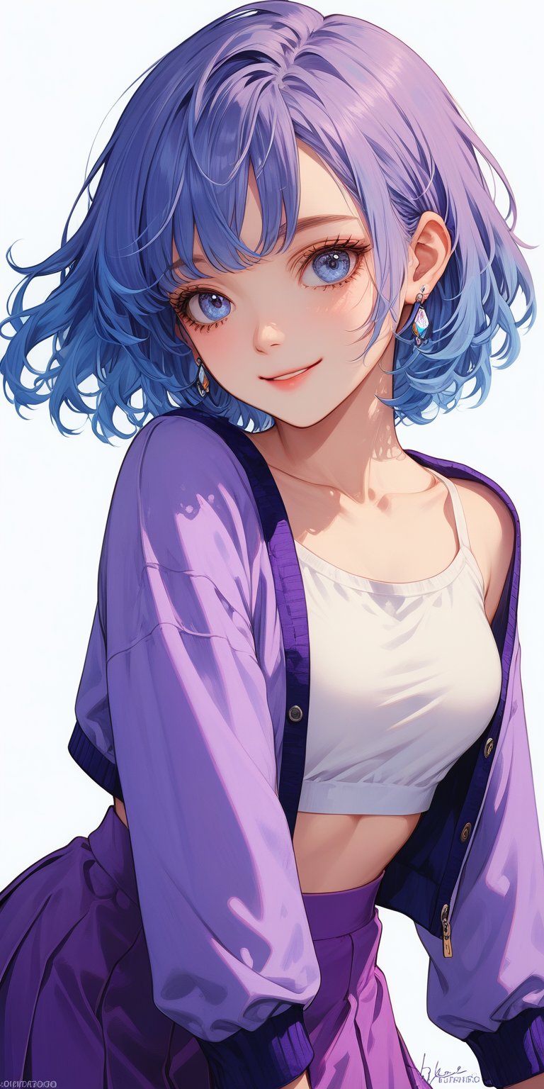 1girl, solo, smile, blue eyes, skirt, simple background, shirt, long sleeves, white background, jewelry, blue hair, collarbone, jacket, cowboy shot, earrings, artist name, signature, medium hair, black eyes, crop top, sleeves past wrists, looking to the side, purple skirt, purple shirt, purple jacket, purple sweater